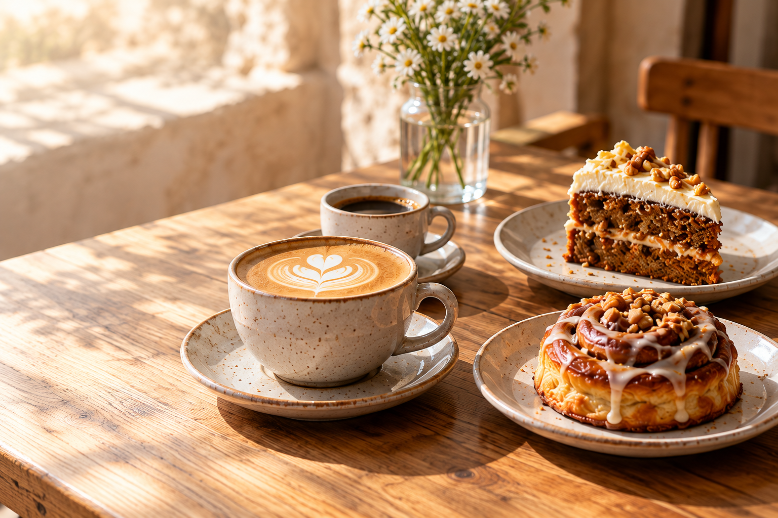 Latte, black coffee, carrot cake and a cinnamon bun on a sunlit café table.