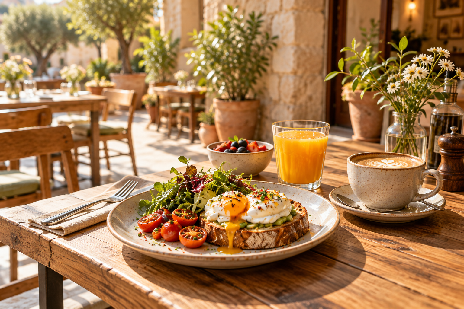 Poached eggs and tomatoes on sourdough with salad.
